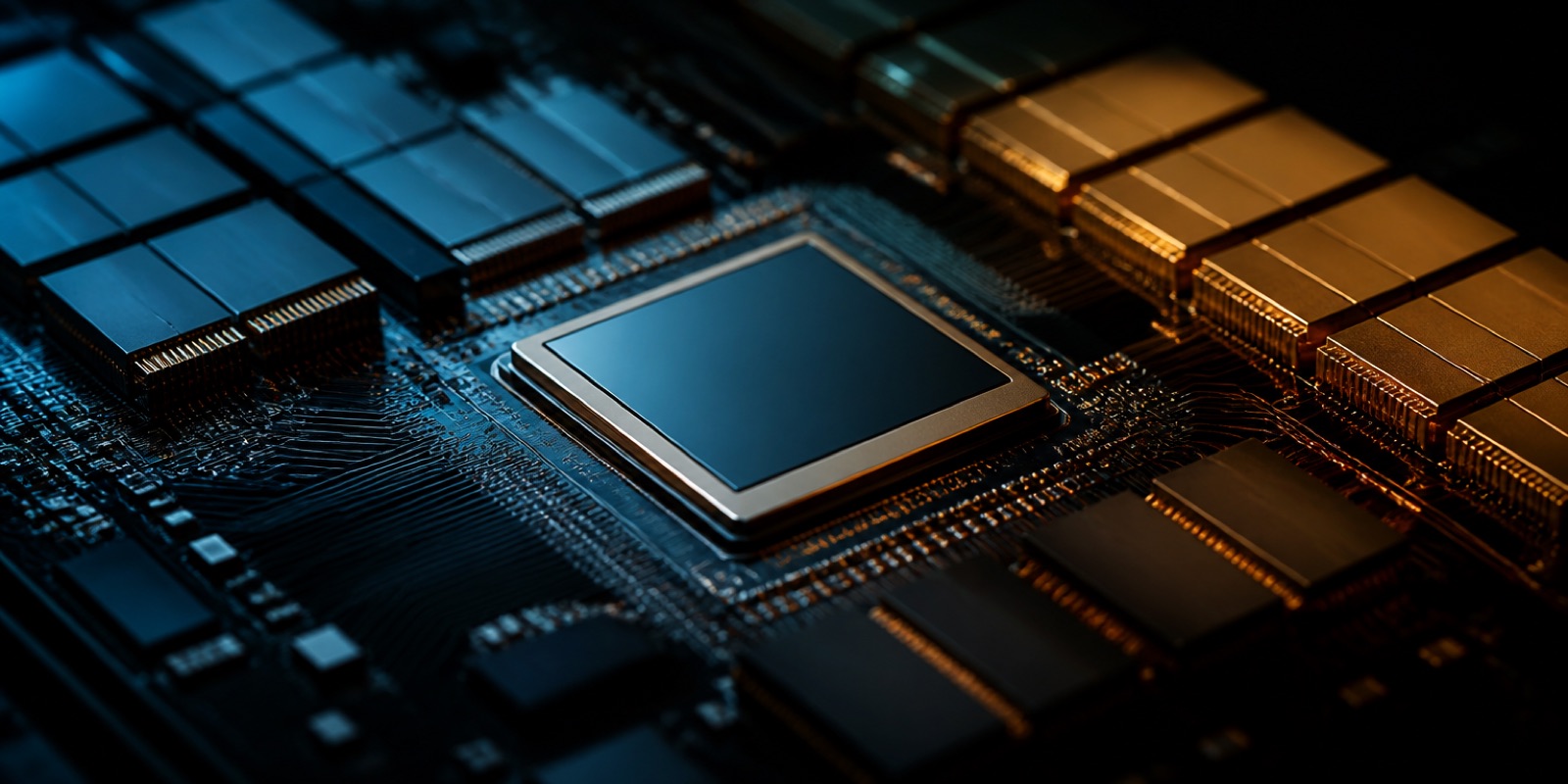 Close macro of an AI accelerator board, one processor package at the centre with ranks of memory stacks either side