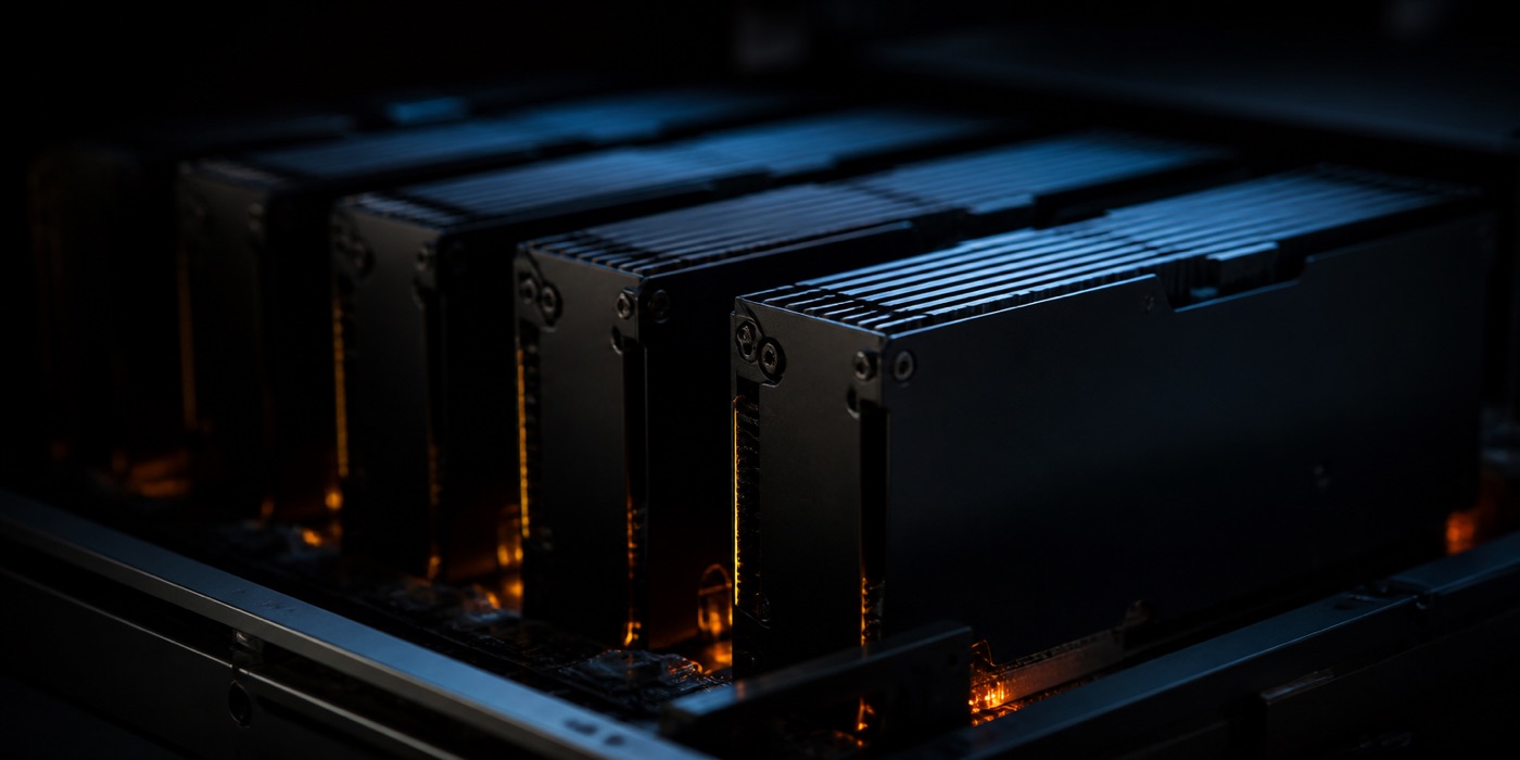 Four AI accelerator cards standing upright in a chassis, their heatsinks catching cold light