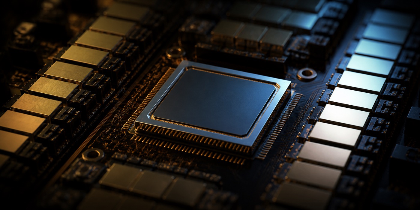 A processor package on a dark board, its gold contacts running out in ranks on every side