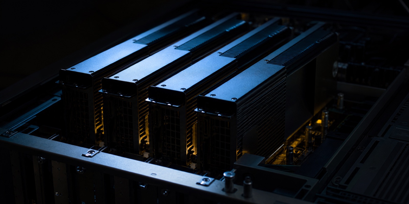 Four AI accelerator cards seated along a chassis, seen down their length under cold light